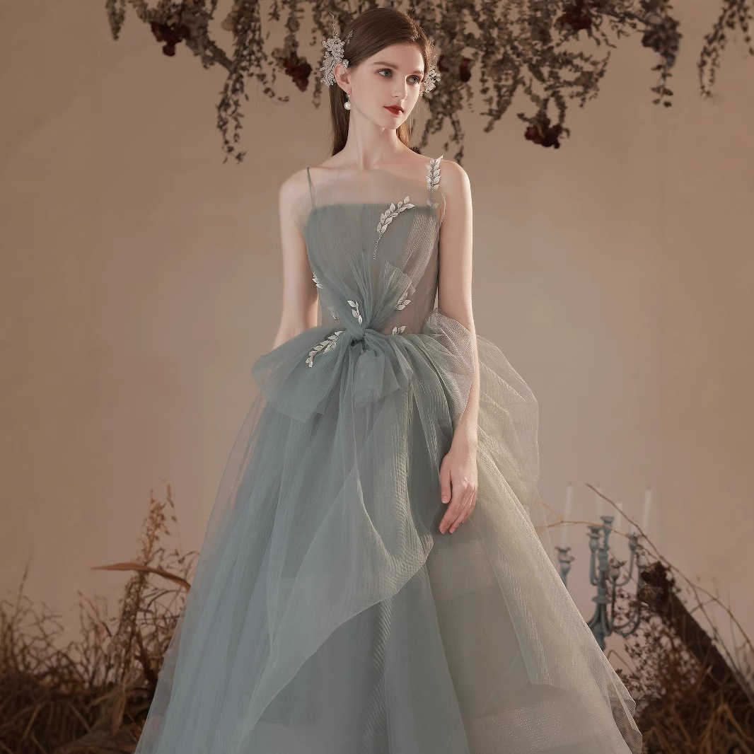 Hostess Suspender Evening Dress Student Art Exam Performance Outfit Autumn and Winter High-End Elegant Long Dress Mesh 2026 New Style