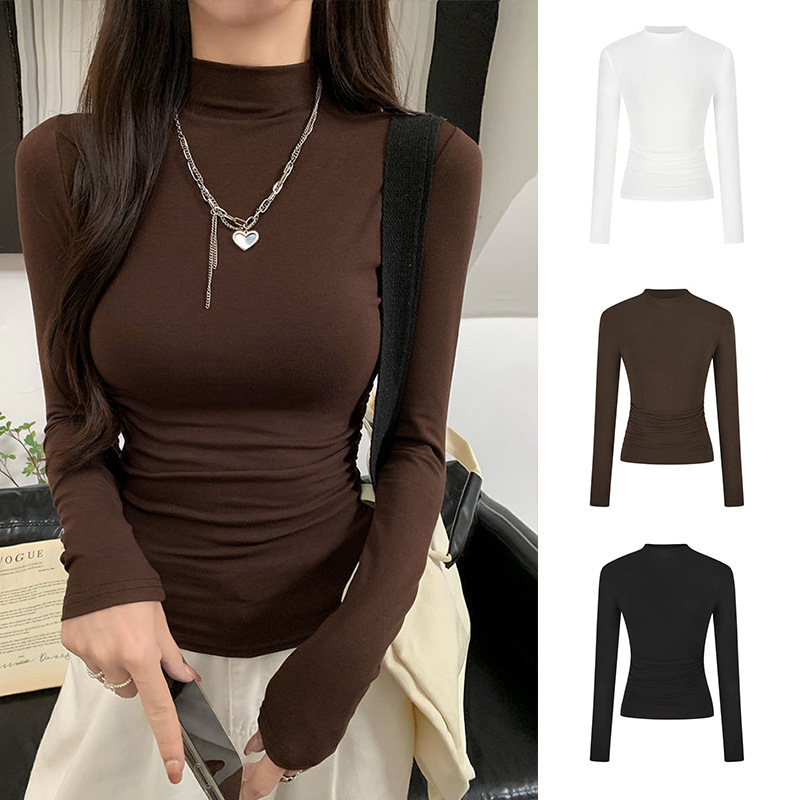 High-Neck Slim Long-Sleeve T-Shirt for Women 2025 Autumn New Style Regular Shoulder Waist-Cinching Short Slimming Women's Top Base Shirt High-Neck Slim Long-Sleeve T-Shirt for Women 2025 Autumn New Style Regular Shoulder Waist-Cinching Short Slimming Women's Top Base Shirt
