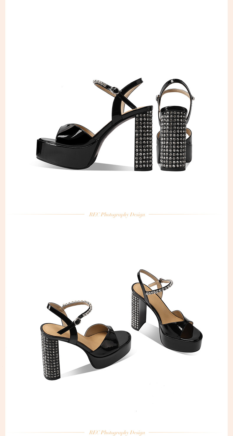 Sandal cao gót nữ quai ngang đính đá gót vuông platform hở mũi — đen chi tiết 3