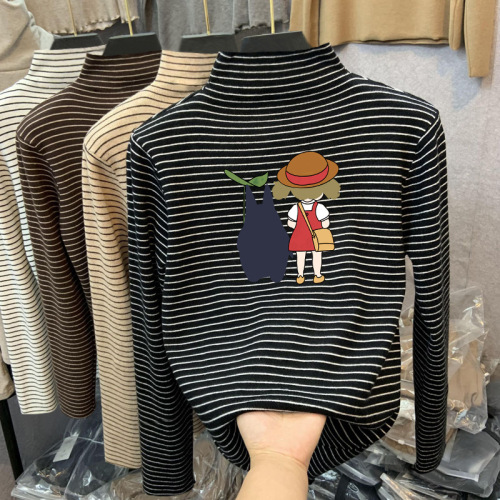 T2524# Boys' High-Neck Base Layer T-Shirt with Fleece-Lined Dermaline Fabric — Autumn/Winter Style, Older Kids' Striped Top for Layering as Innerwear