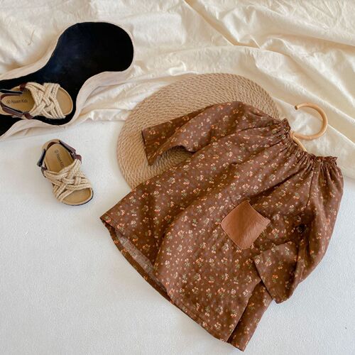 Korean Children's Spring and Autumn Floral Pocket Dress Retro Style Sweet Little Dress 2024