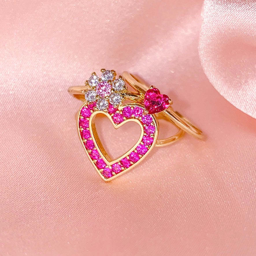 Sweet Heart Shape Copper Inlay Zircon Open Ring 1 Piece