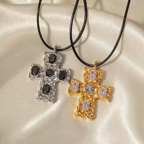 2025新款欧美跨境十字架吊坠镶钻项链 时尚简约蜡绳项链女批发