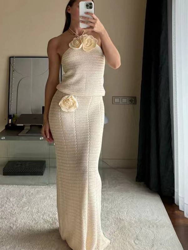 Moda europea y americana mujer color sólido tejido crochet sexy bikini playa traje de baño blusa traje vestido de protección solar