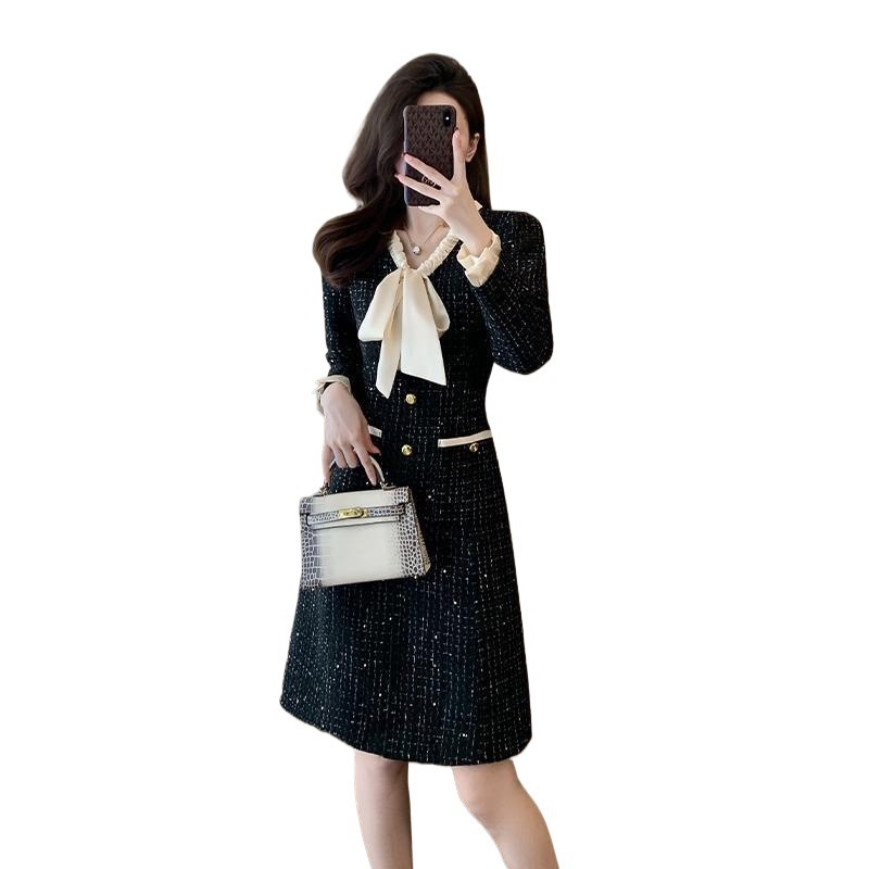 秋季名媛御姐轻熟裙子女小众设计气质富家小香风连衣裙感|undefined
