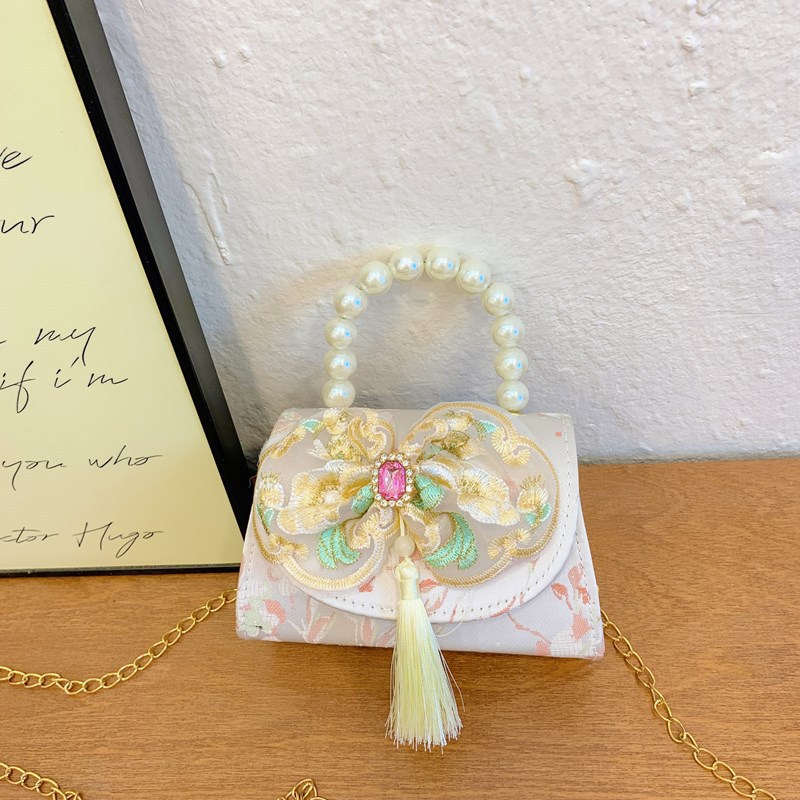 Bolso de princesa de niñas 2025, otoño nueva chica lindos bordillos de encaje mochila bolso de perlas de estilo chino Aisha