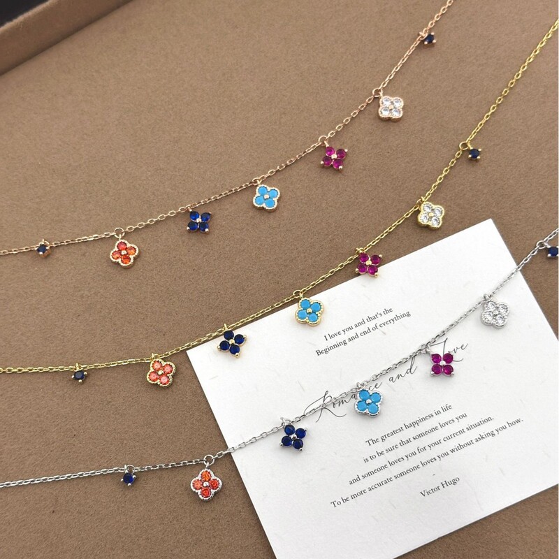 Xiaohongshu's Popular Rainbow Four-Leaf Flower Tassel Necklace Summer New Style Exquisite Light Luxury Copper Plated Clavicle Chain Female Gift Xiaohongshu's Popular Rainbow Four-Leaf Flower Tassel Necklace Summer New Style Exquisite Light Luxury Copper Plated Clavicle Chain Female Gift