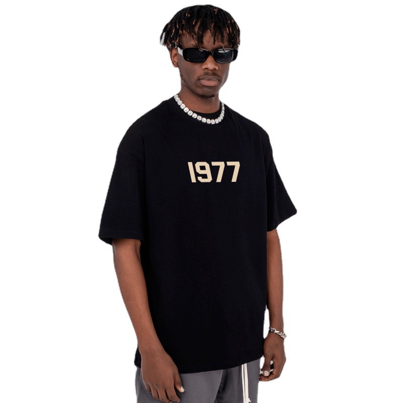 Heavy 350g de hilo doble manga corta para hombres y mujeres escote pequeño 1977 Camiseta de algodón suelta media manga blanca caída hombro media manga