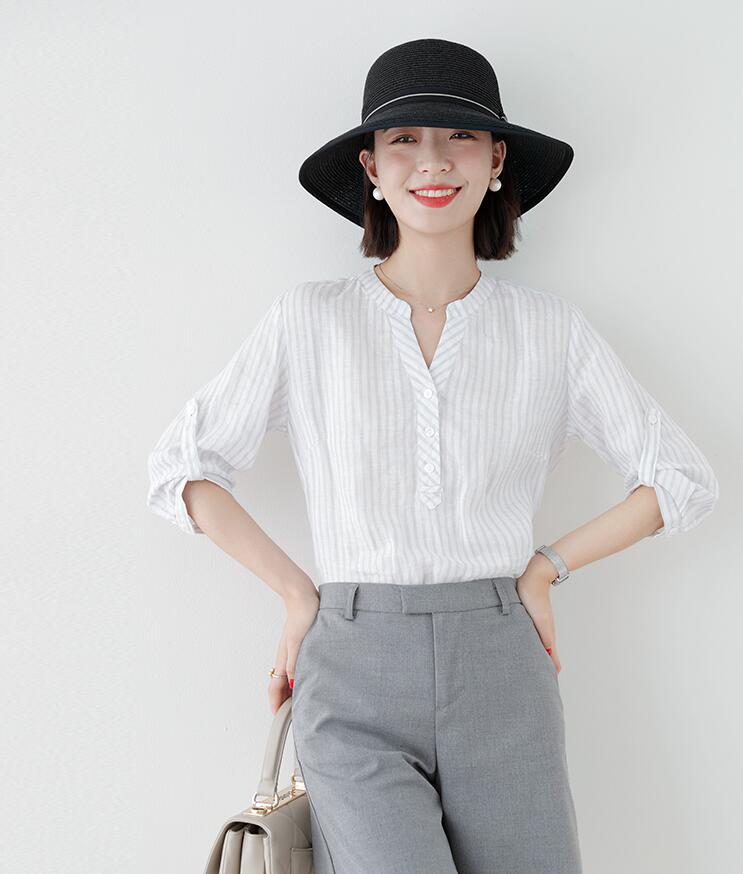Commuter Versatile Slim Striped Shirt Women's Summer New Arrival Cropped Sleeve Shirt Loose Pullover Linen Blouse Top