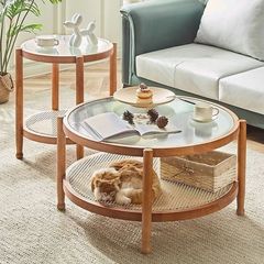 Nordic round Changhong solid wood coffee table combination home glass small apartment double-layer living room Japanese simple rattan