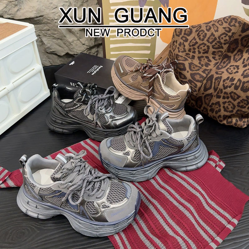 真皮厚底老爹鞋女款2025秋冬季新款百搭增高鞋子女网面休闲运动鞋|undefined