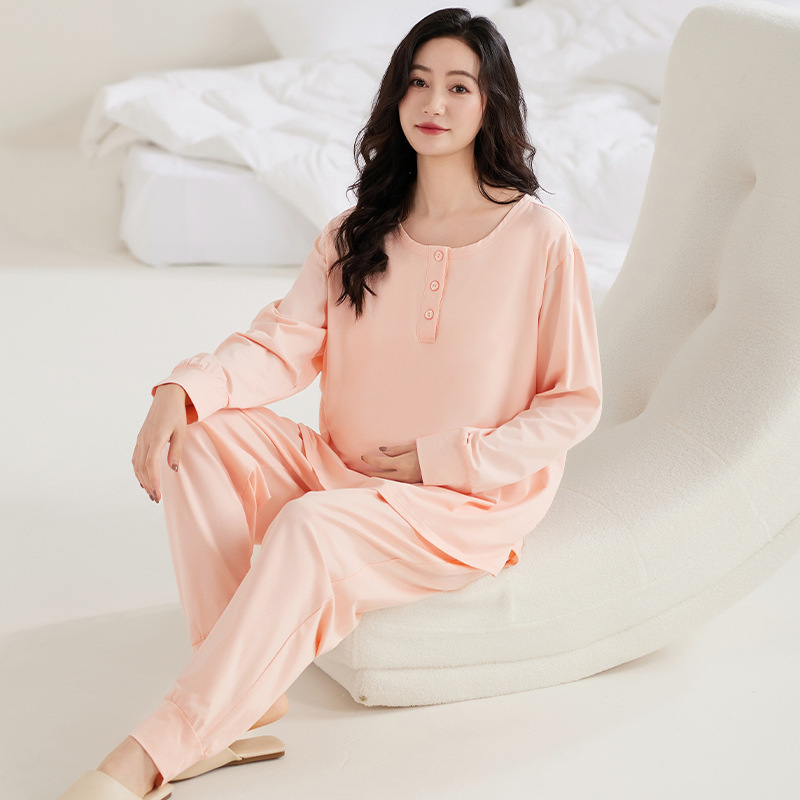 ZHUOJIA 풀오버 버튼 벨트 유방 패드 감금 의류 순수 코튼 출산 잠옷 임신 어머니 긴 소매 출산 홈 의류 봄과 가을