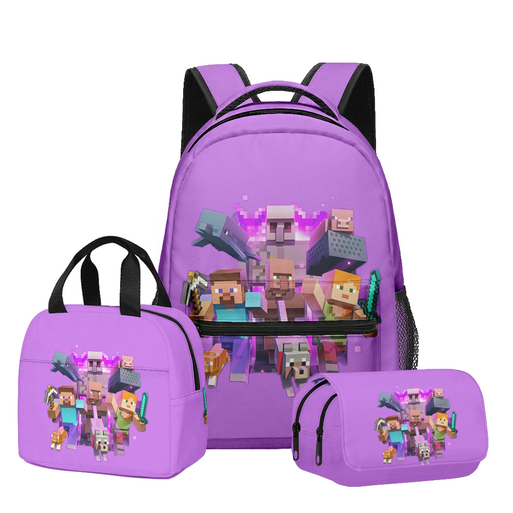 Nuevo producto 3D My World Minecraft mochila de estudiantes de primaria y secundaria bolsa de almuerzo bolsa de bolígrafo doble tres piezas set