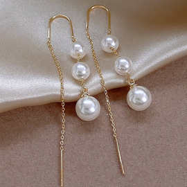 2025新款潮珍珠流苏耳线高级感轻奢金色长款气质百搭耳环耳饰女