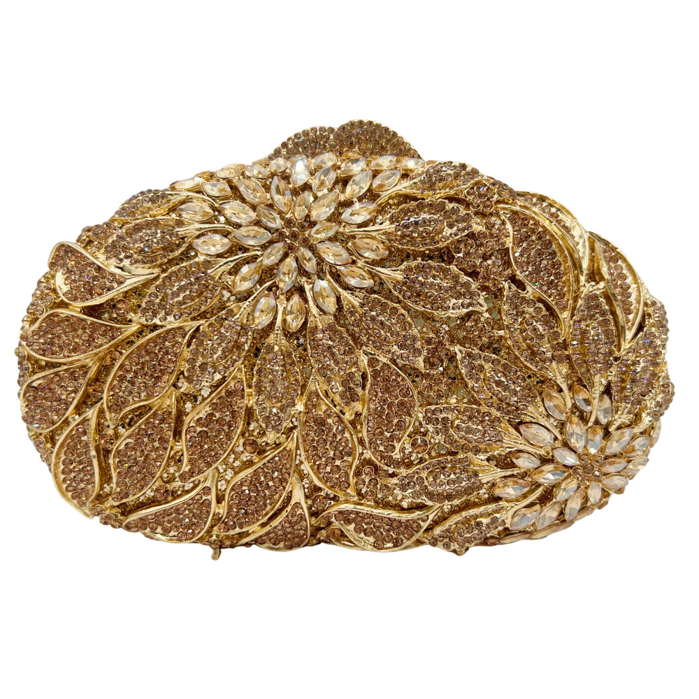 Bolsa de embrague hoja de flores de diamantes bolsas de banquete bolsas de mano de mujer bolsas de diamante metal hueco caja dura