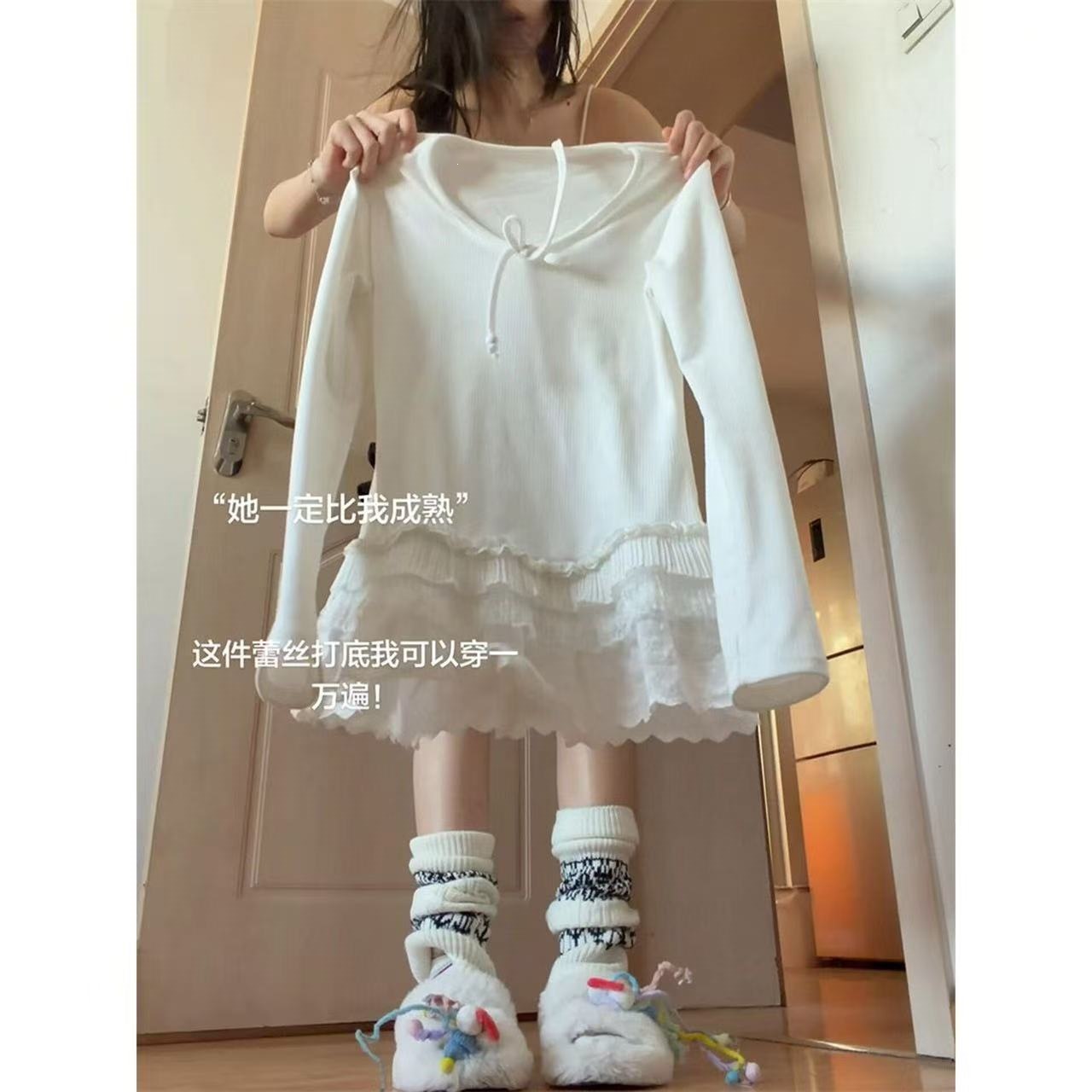 LC822【官图3*1螺纹德绒 270克】甜美V领蕾丝长袖打底甜美高级感
