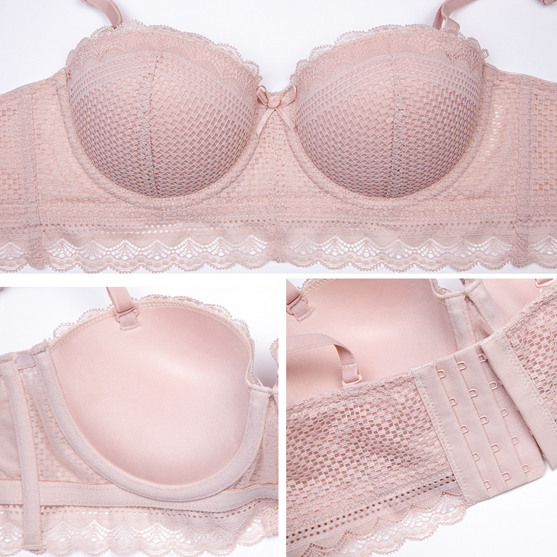 Bielizna Half Cup Girl Gathers to Gather Side Breast Sexy Lace with Steel Ring Bra Set_voghion.com