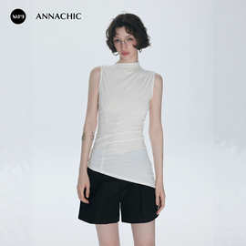 ANNACHIC曼妙线条_白色不对称艺术褶皱造型t恤女长款修身无袖上衣