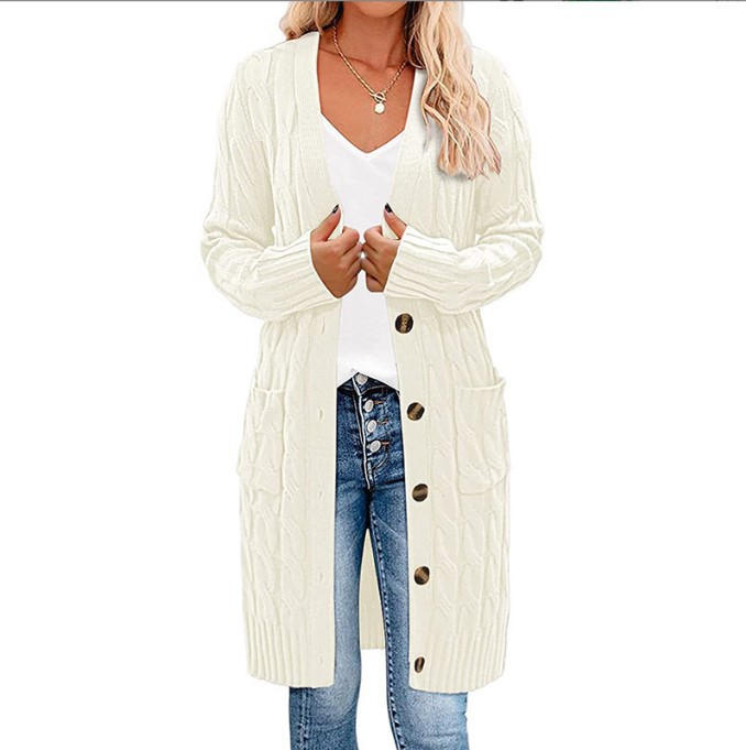 Comercio exterior transfronterizo Amazon Otoño e Invierno 2024 nuevo suéter de giro largo de las mujeres de color sólido botón bolsillo cardigan abrigo