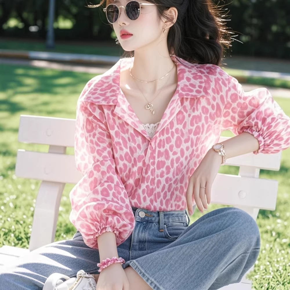 Áo sơ mi nữ cổ bèo tay bồng phối màu tương phản kiểu Pháp — màu hồng chi tiết 1