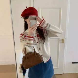 跨境花朵2026毛衣开衫外套女宽松上衣费尔岛提花毛衣针织衫外搭厚