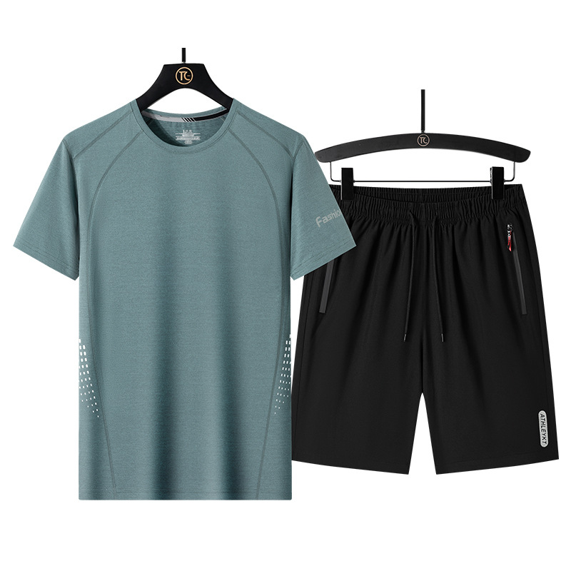Traje deportivo de verano para hombres delgado seda de hielo casual manga corta dos piezas grandes pantalones sueltos transpirables rápidos secos para papá