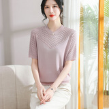 中老年女装大码宽松妈妈装夏季上衣时尚镂空针织衫冰丝短袖T恤，女装针织衫/毛衣，妃慕昵服饰