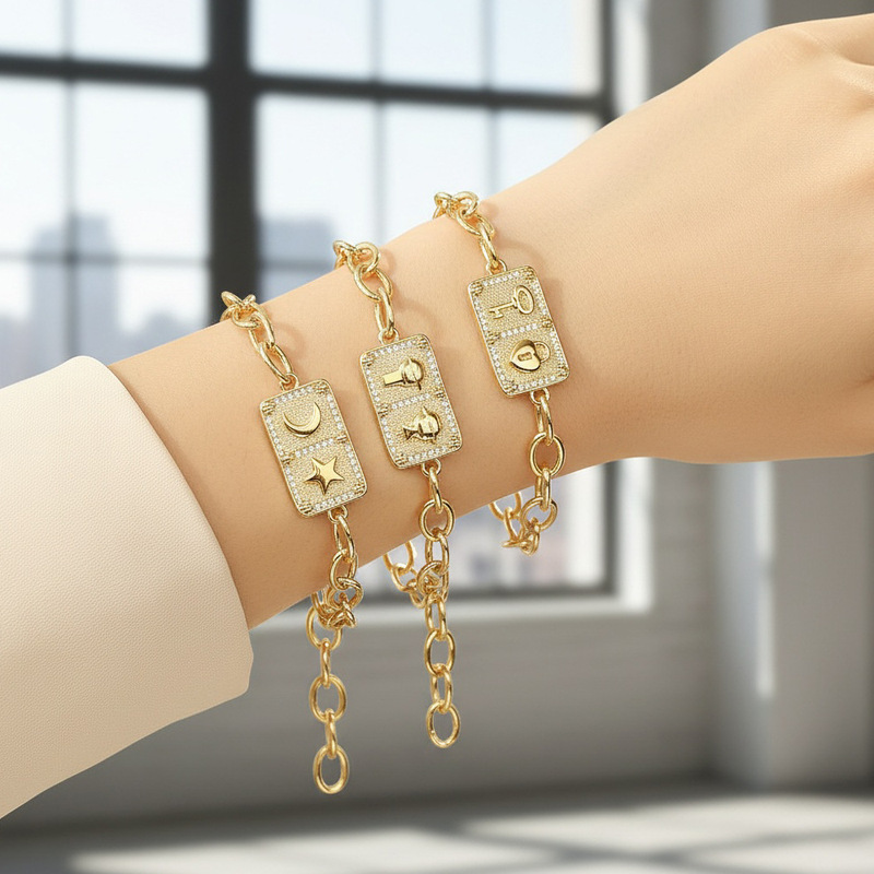 Retro Micro-inlaid Zircon Square Cross Chain Bracelet Star Moon Lightning Element Boys and Girls Simple Bracelet