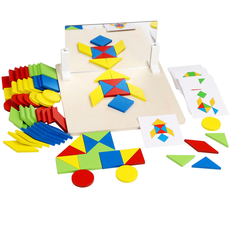 Bloques de construcción de espejo de madera que cambian la cara, juguetes de gráficos geométricos, juguetes de entrenamiento de pensamiento para niños, bloques de construcción interactivos entre padres e hijos