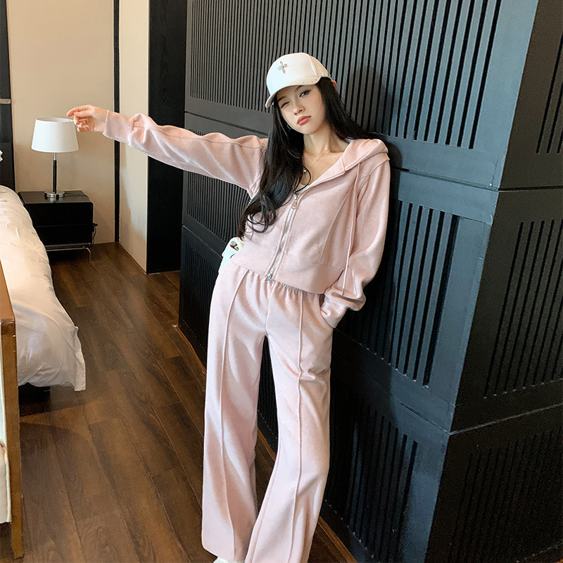 High-End Casual Sports Suit for Women in Autumn and Winter New Style Slimming Look Hooded Sweatshirt Wide-Leg Pants Two-Piece Set