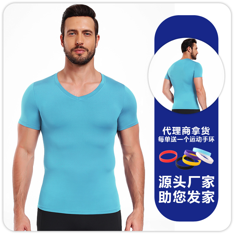 Hombres camiseta de cuello en V ajustado de color sólido de alto elástico camiseta deportiva de base rápida secado transpirable acondicionamiento físico correr baloncesto mangas cortas