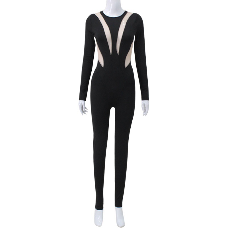 Venta caliente transfronteriza ropa de mujer europea y americana estilo caliente cuello redondo manga larga costura color a juego mono largo ajustado de alta elasticidad
