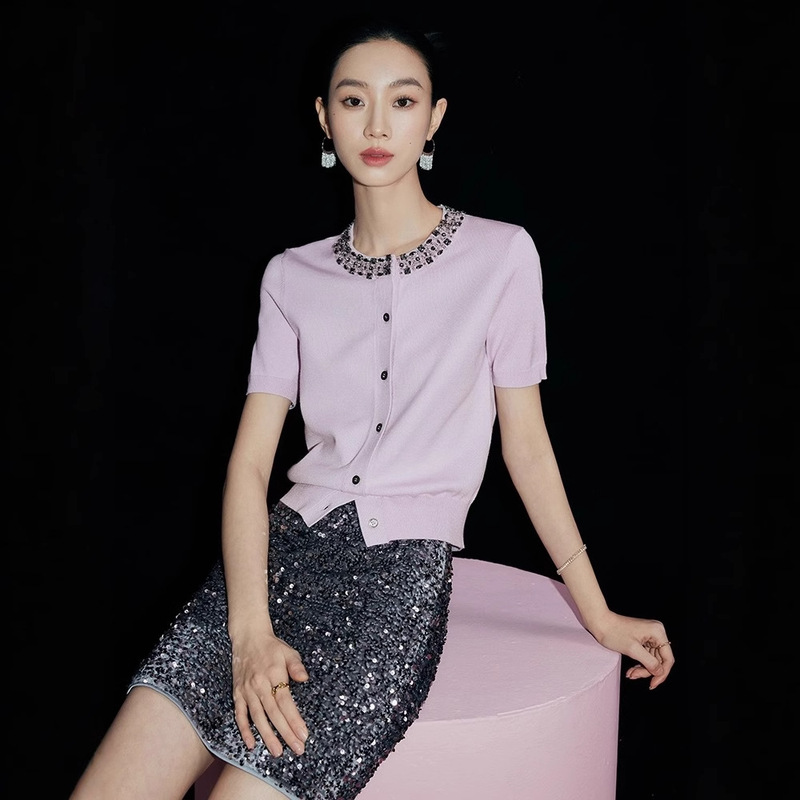 Hong Kong and American Fashion/Pink Beaded Knitted Cardigan for Women Short Sleeve 2026 Summer Chanel Style Sweater Miu Style Top Hong Kong and American Fashion/Pink Beaded Knitted Cardigan for Women Short Sleeve 2026 Summer Chanel Style Sweater Miu Style Top