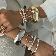 跨境朋克方形复古宽手镯女欧美仿珍珠串珠Bracelet小众设计感手环