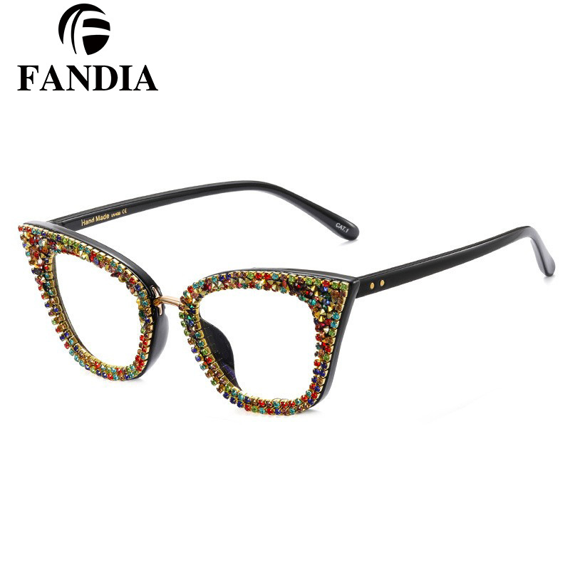 A97093 nueva moda ojo de gato anti-azul gafas de luz gafas ópticas de marco completo de moda punto diamante gafas lisas para mujeres