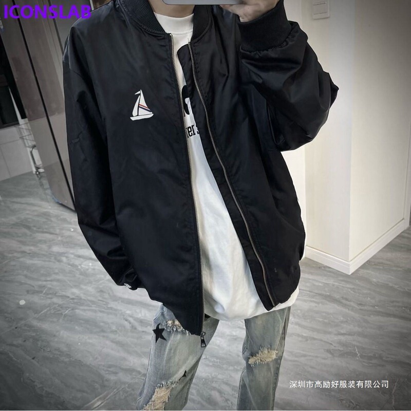 Loose Baseball Jacket with Casual Sailboat Print, Trendy Spring/Summer Unisex Student Jacket