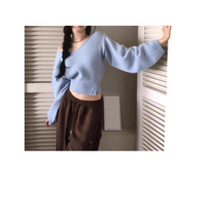 2025韩系上衣针织女衫领侧边系开扣收腰春季女套头毛衣慵懒风