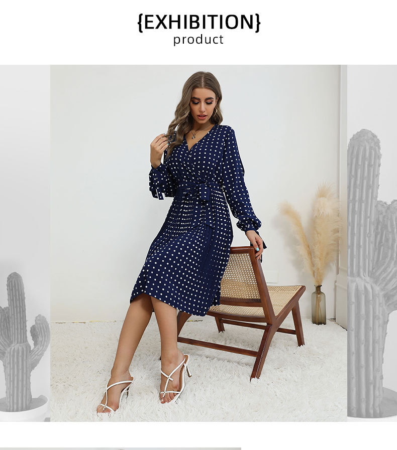 v-neck long-sleeved hollow lace-up polka-dot dress nihaostyles wholesale clothing NSDMB89401