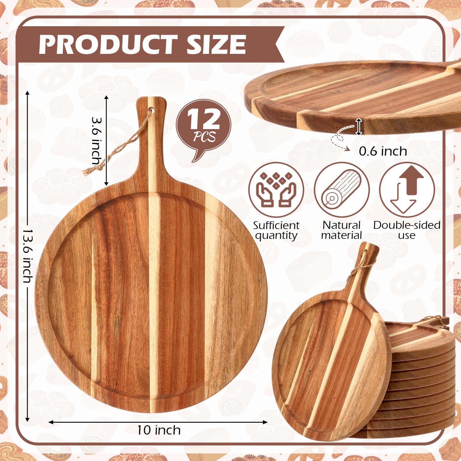 12 piezas de madera de acacia tabla de cortar redonda tabla de cortar con mango tabla de cortar de madera tabla de cortar de cocina bandeja de pizza tabla de paletas de madera