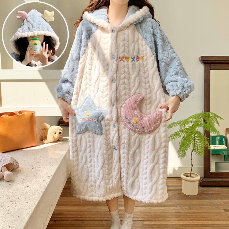 加绒加厚睡裙女睡衣袍秋冬季珊瑚绒2024新款冬天保暖法兰绒家居服