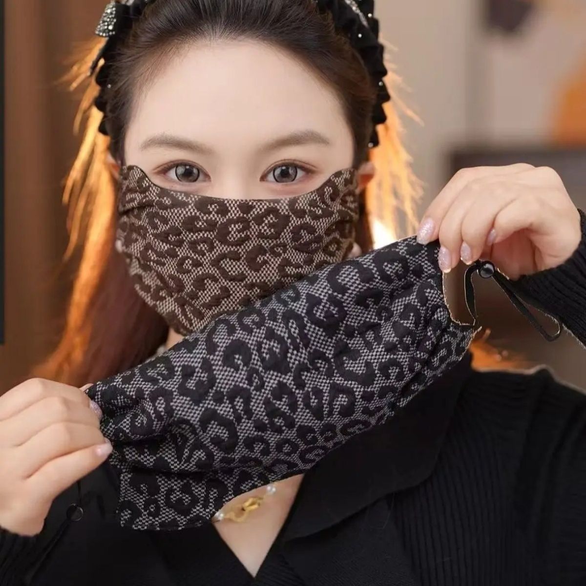 Autumn and Winter New Leopard Print Warm Mask for Women, Windproof and Dustproof, Stereo Eye Protection, Washable, High-Looking Cycling Mask
