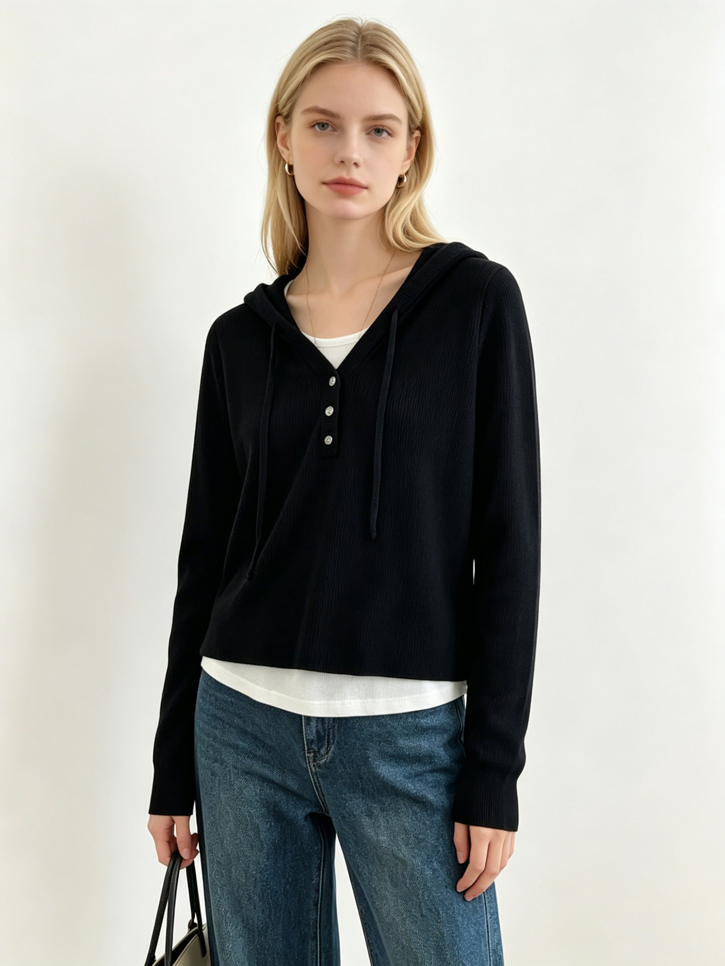 Foreign Trade Cross-Border Women's Clothing European and American Autumn and Winter New Style Fake Two-Piece Hooded Knit Sweater with a Unique Design and Long Sleeves