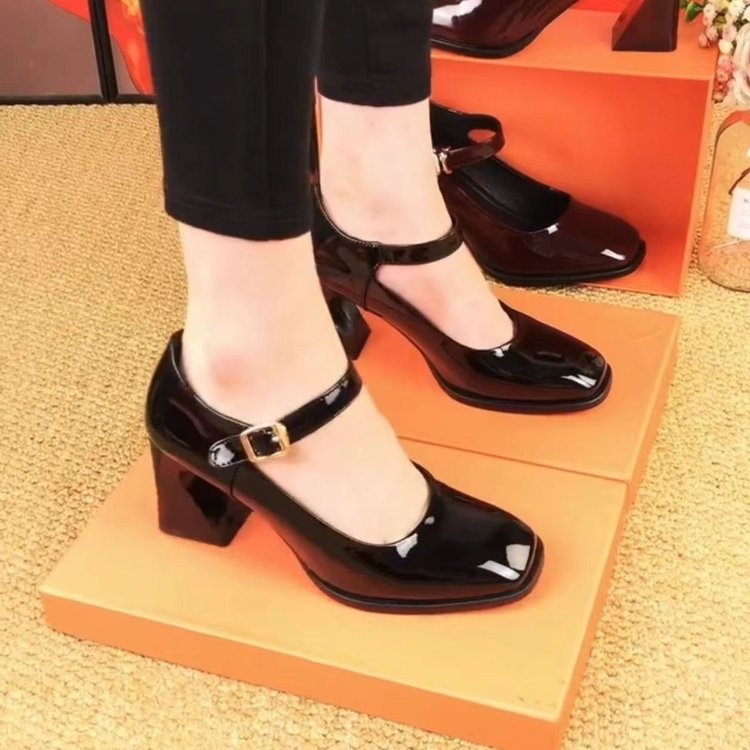 Zapatos de mujer, charol, zapatos individuales con punta cuadrada, zapatos Mary Jane de tacón grueso medio, zapatos individuales, zapatos de cuero pequeños de tacón alto de boca baja para mujer