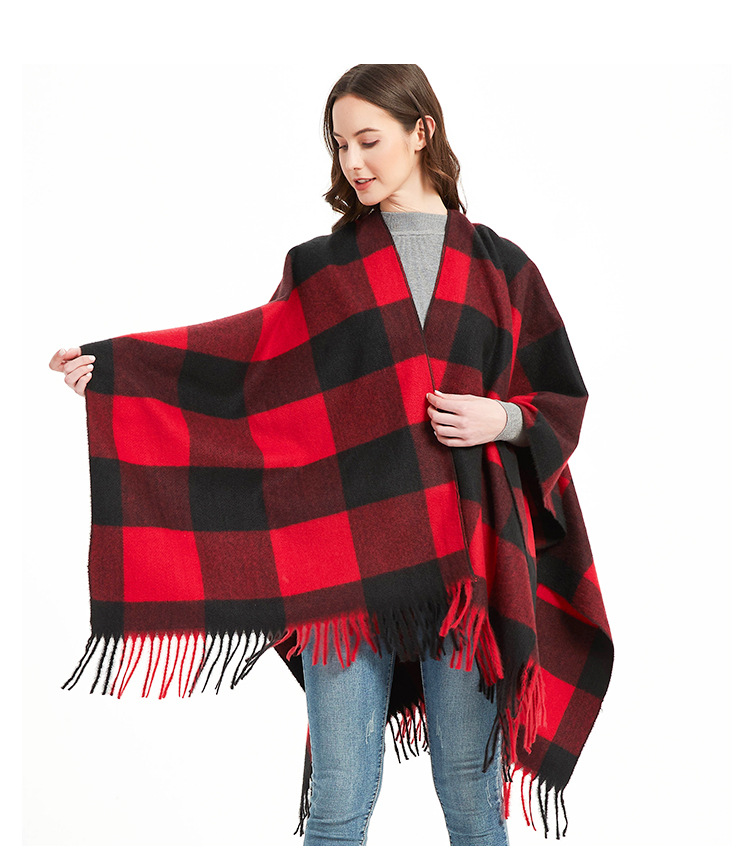 Unisex Autumn/Winter women's split cape thickened plaid bristle fringe cape_viptrois.com
