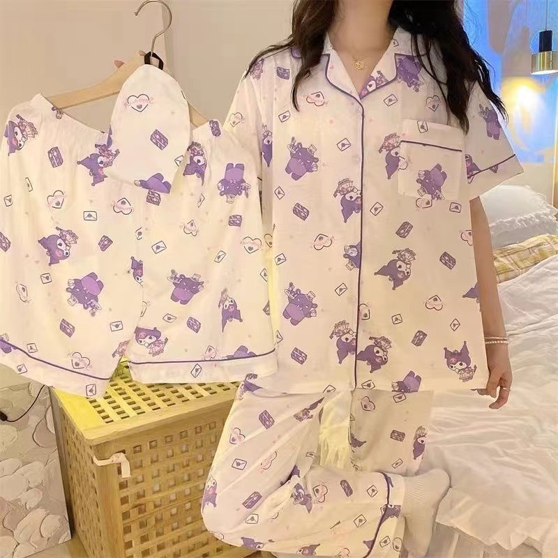 Pijamas de alta gama para mujer, conjunto de tres piezas con cárdigan a rayas de manga corta para verano, se puede usar en exteriores, conjunto de ropa para el hogar para primavera y otoño de 2025