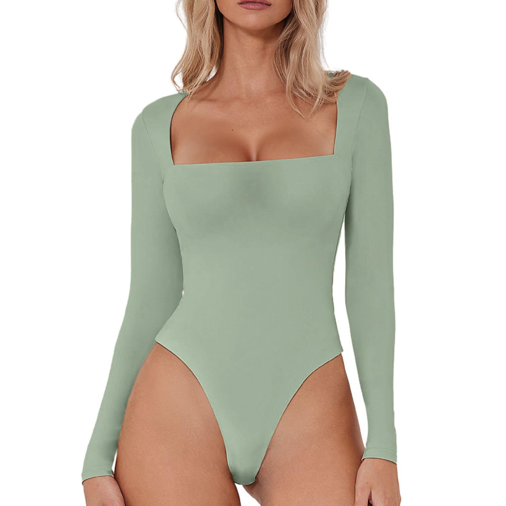 Mono para mujer, nuevo, con cuello cuadrado, manga larga, sexy, de doble capa, con botones a presión, camiseta básica SU3689