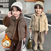 男童套装炸街冬装女宝宝加绒加厚连帽卫衣三件套婴幼秋冬马甲棉服