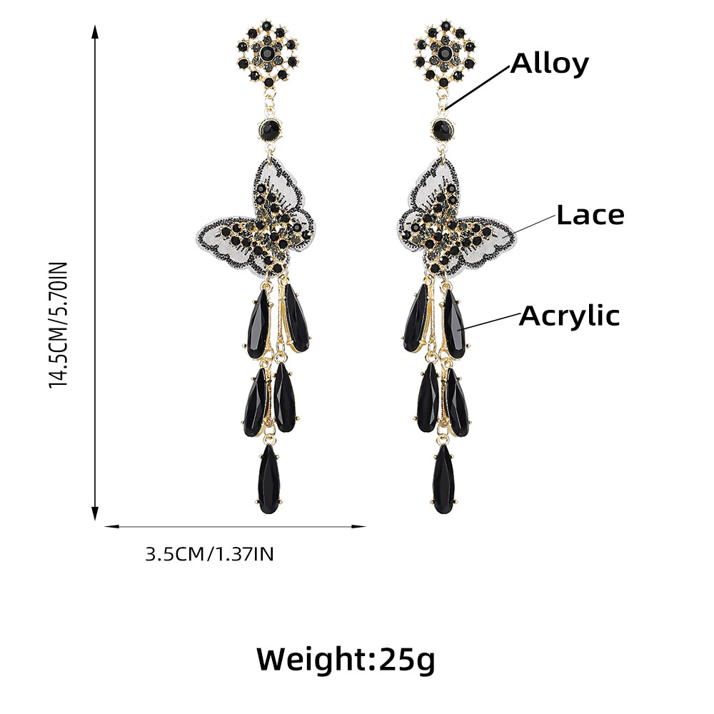 Fashion Black Alloy Lace Butterfly Tassel Earrings