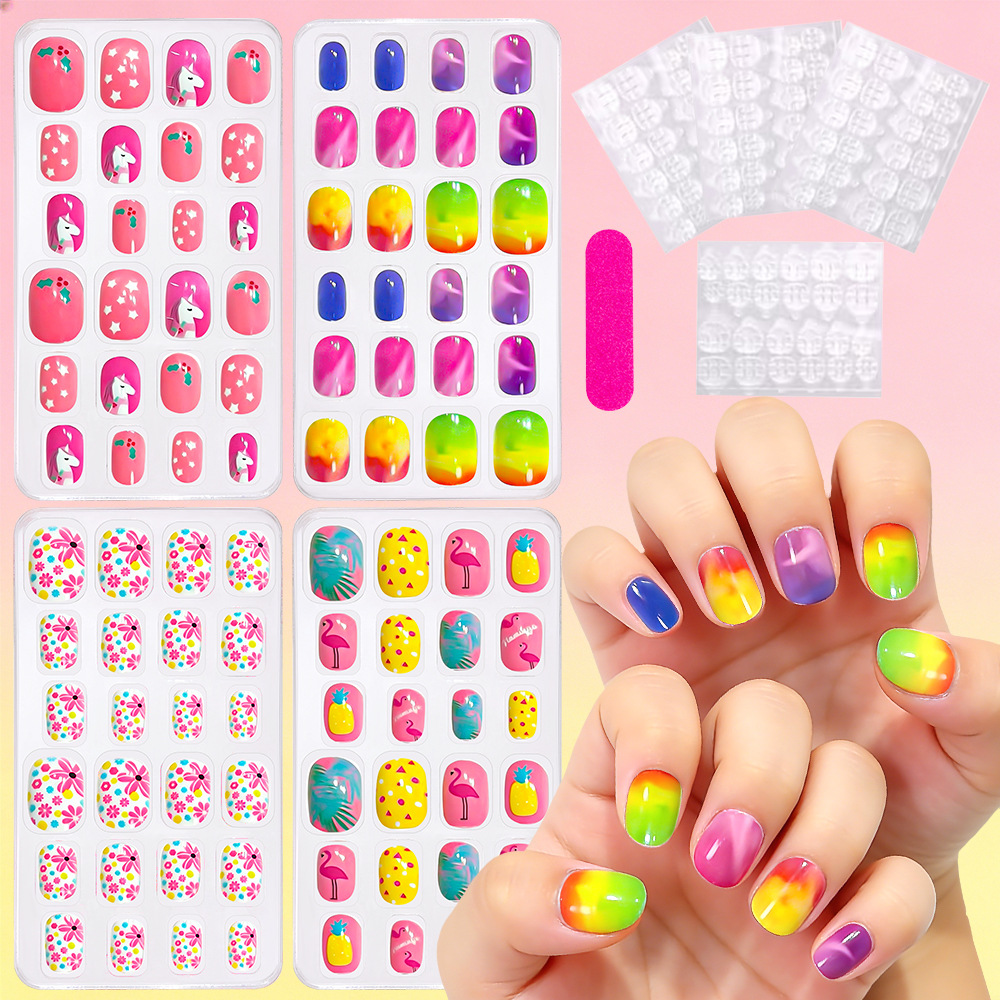 Children's Nail Art Set with 192 Pieces, Featuring Cartoon Unicorns, Rainbow Floral Designs, and Includes Jelly Glue Strips for Full Nail Art Application