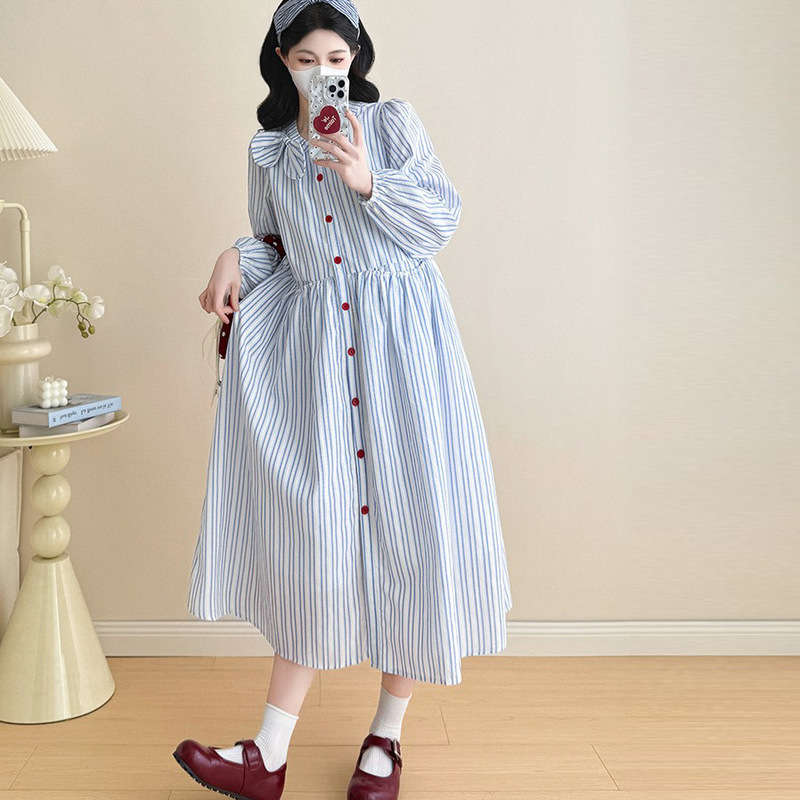 孕妇棉麻连衣裙秋季新款宽松大码孕妇装条纹长袖孕妇裙有内衬可哺|undefined